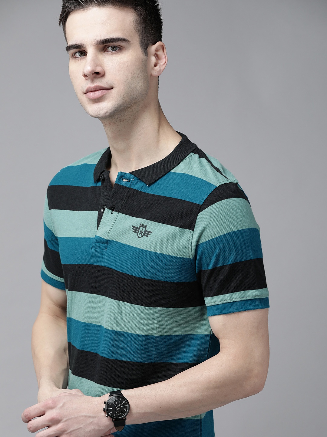 

Roadster Men Blue Black Pure Cotton Striped Polo Collar Pure Cotton T-shirt