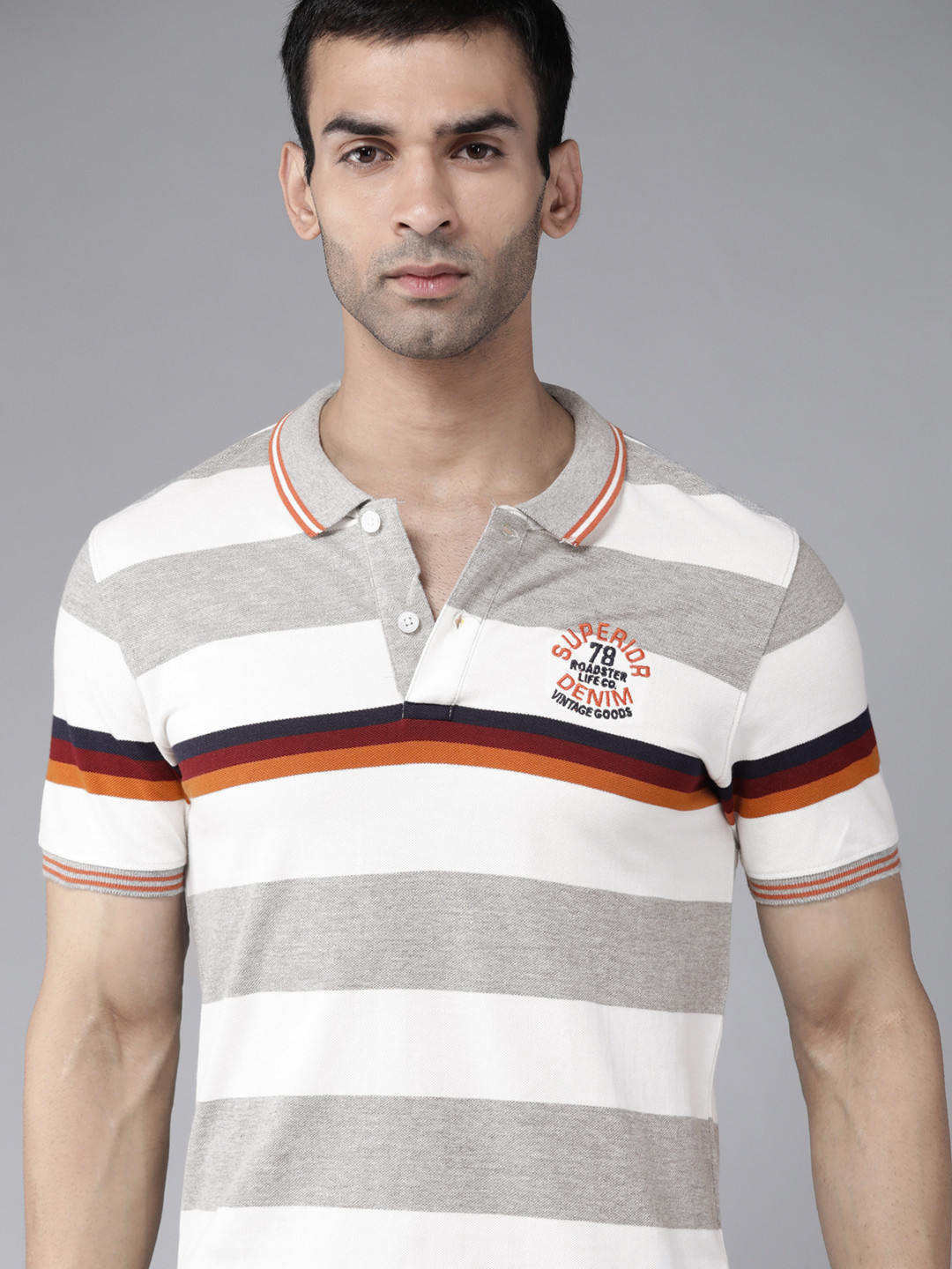

Roadster Men White & Grey Striped Polo Collar T-shirt