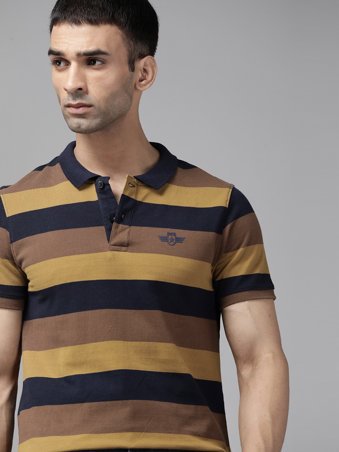 

Roadster Men Brown & Navy Blue Pure Cotton Striped Polo Collar T-shirt