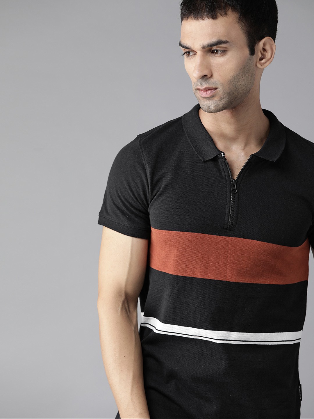 

Roadster Men Black & Rust Orange Pure Cotton Striped Spread Collar T-shirt