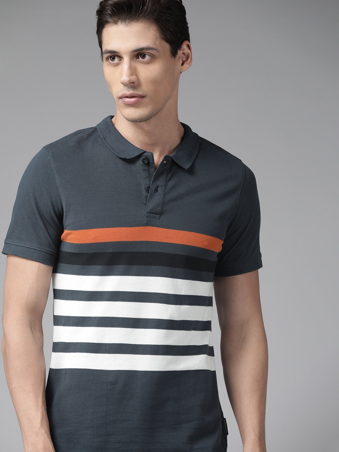 

Roadster Men Charcoal Grey & White Striped Polo Collar Pure Cotton T-shirt