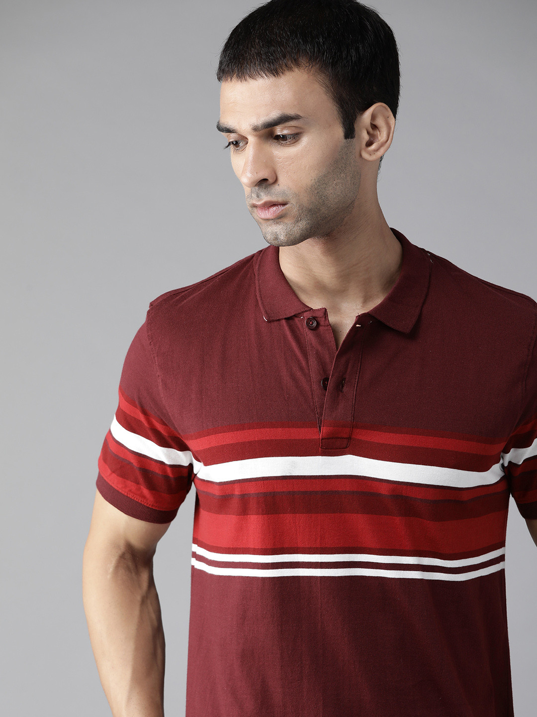 

Roadster Men Maroon & White Pure Cotton Striped Polo Collar T-shirt