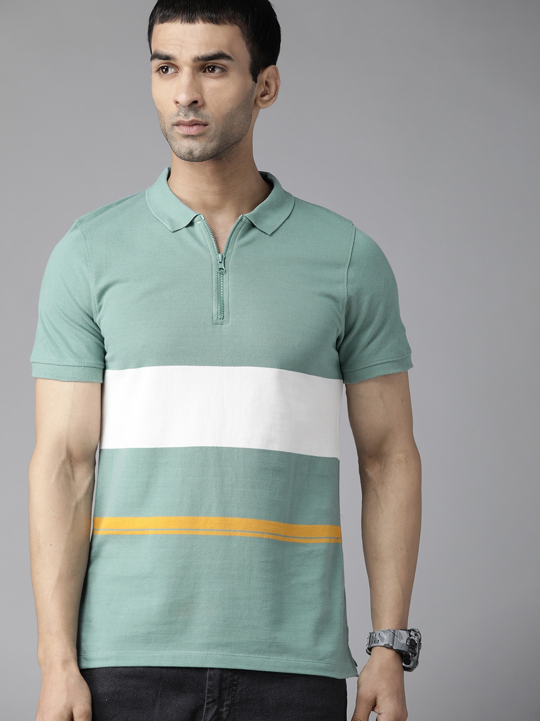 

Roadster Men Green & White Pure Cotton Colourblocked Polo Collar T-shirt