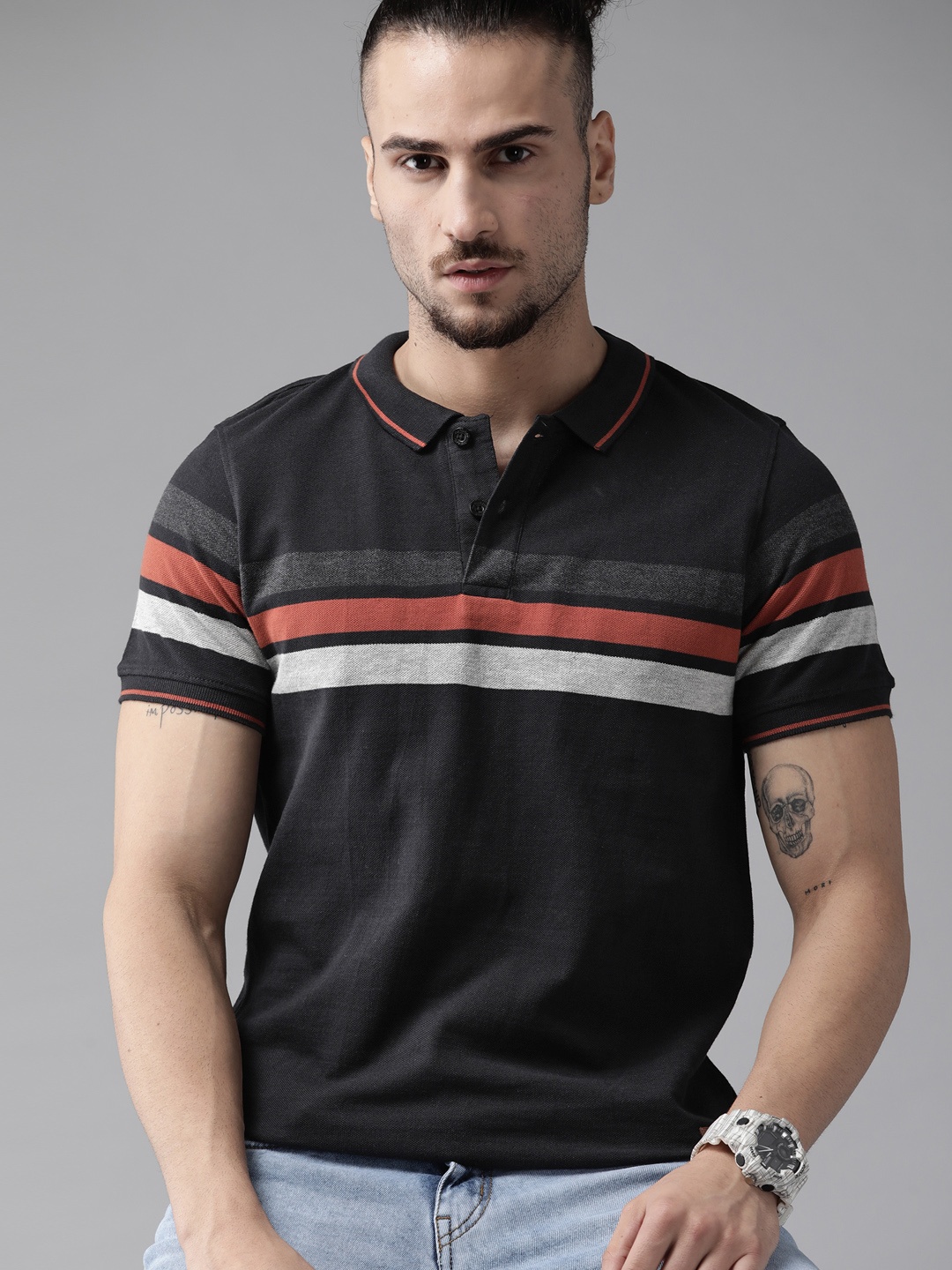 

Roadster Men Black & Rust Orange Striped Polo Collar T-shirt