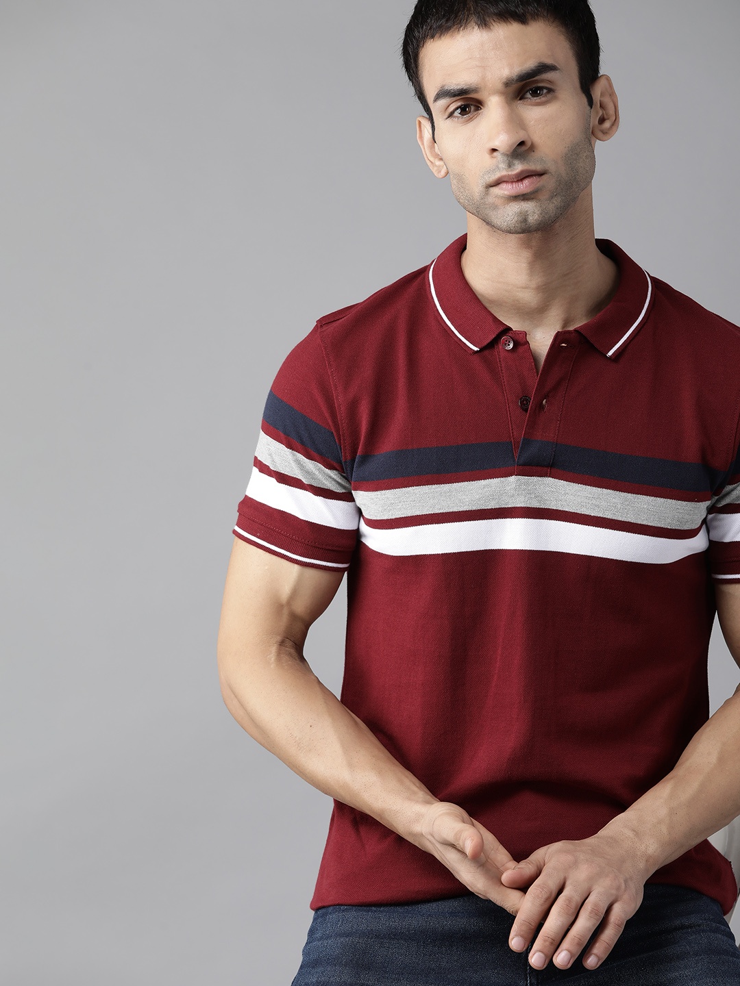 

Roadster Men Maroon & White Pure Cotton Striped Polo Collar T-shirt