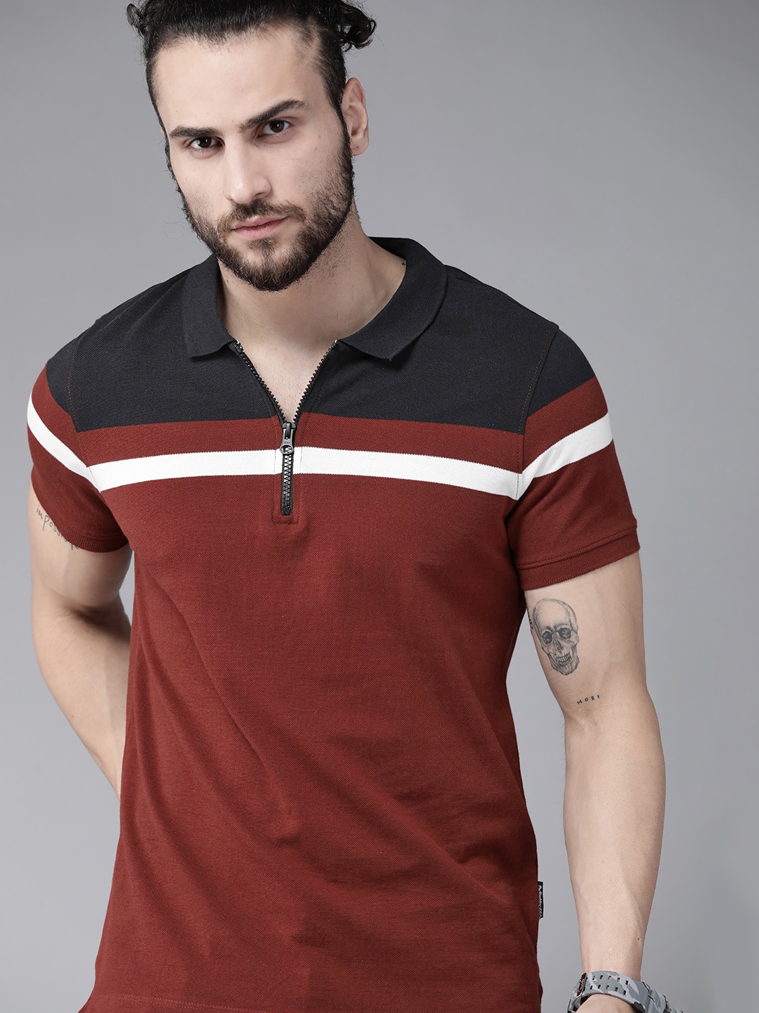 

Roadster Maroon & Navy Blue Colourblocked Cotton Polo Collar T-shirt with Striped Detail