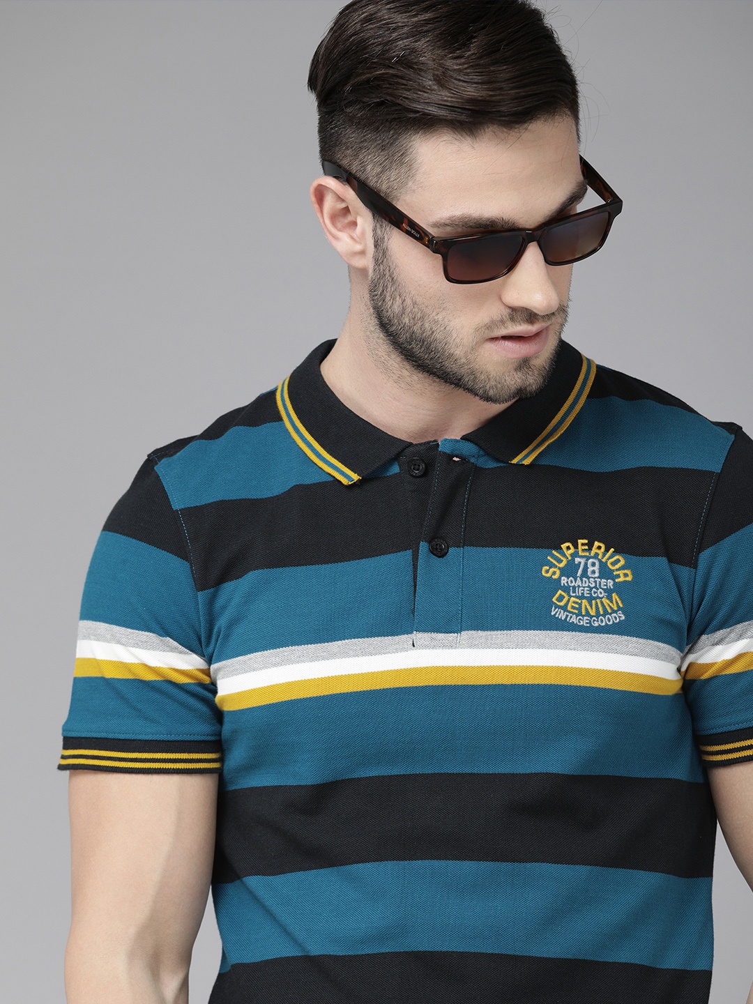 

Roadster Men Blue & Black Striped Polo Collar T-shirt