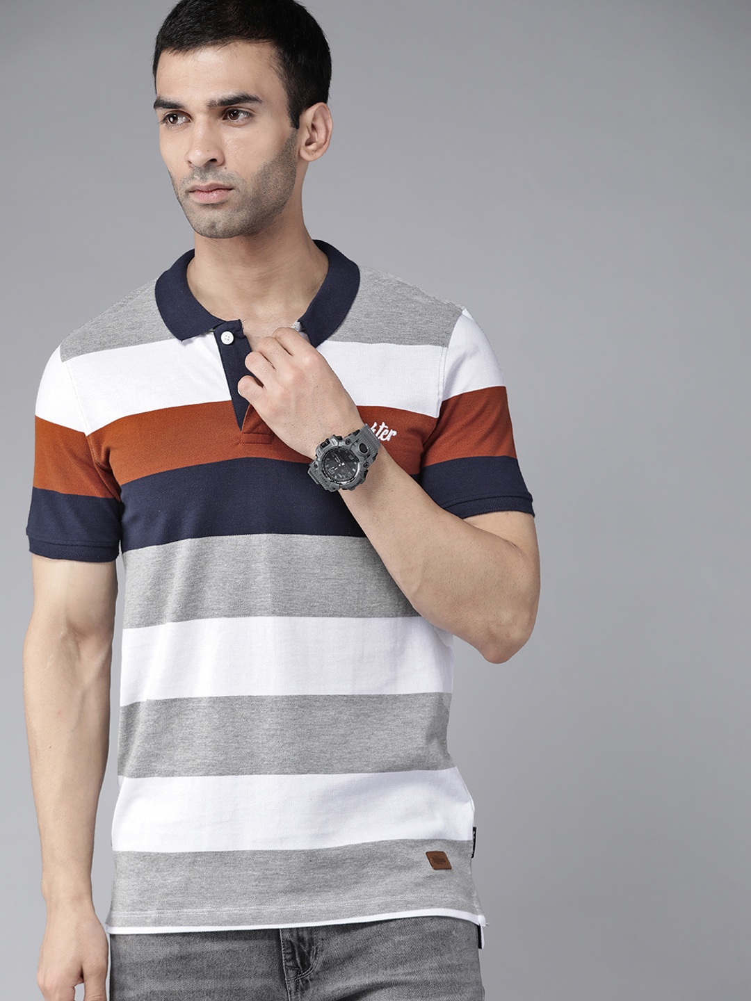 

Roadster Men White & Grey Striped Polo Collar T-shirt