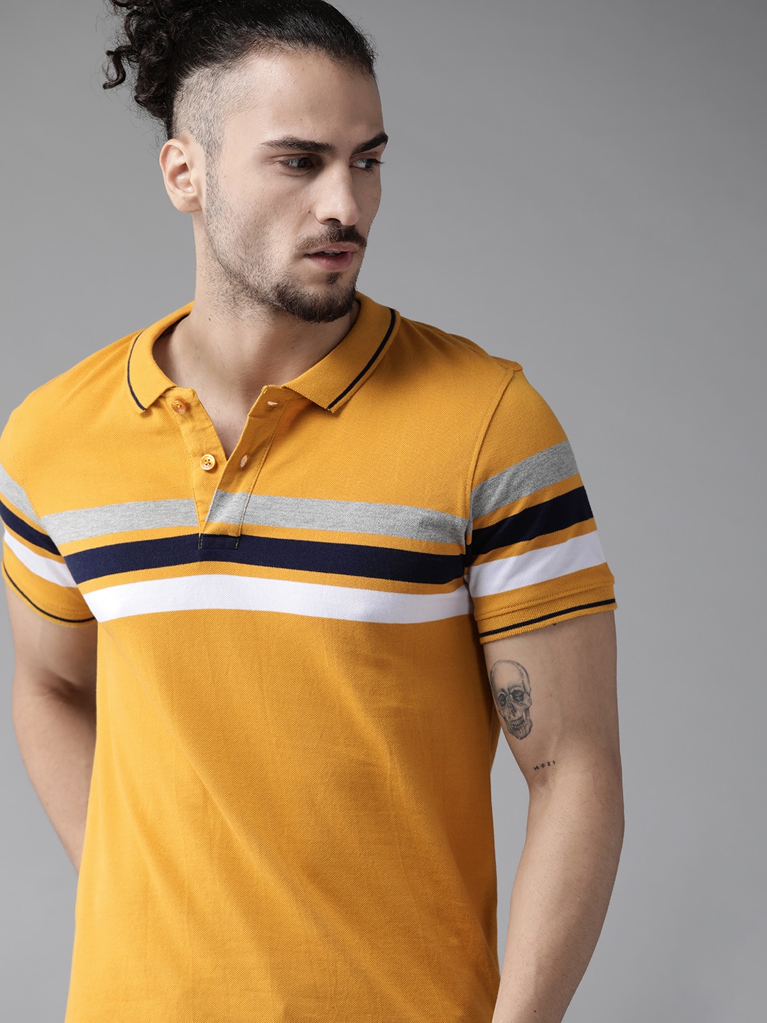 

Roadster Men Yellow & Black Striped Cotton Polo Collar T-shirt