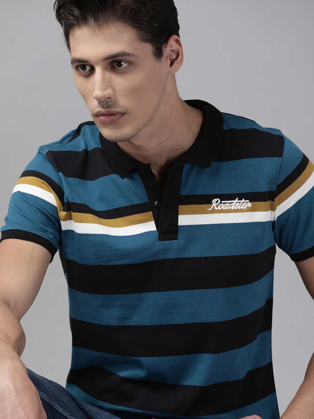 

Roadster Men Black & Teal Blue Pure Cotton Striped Polo Collar T-shirt
