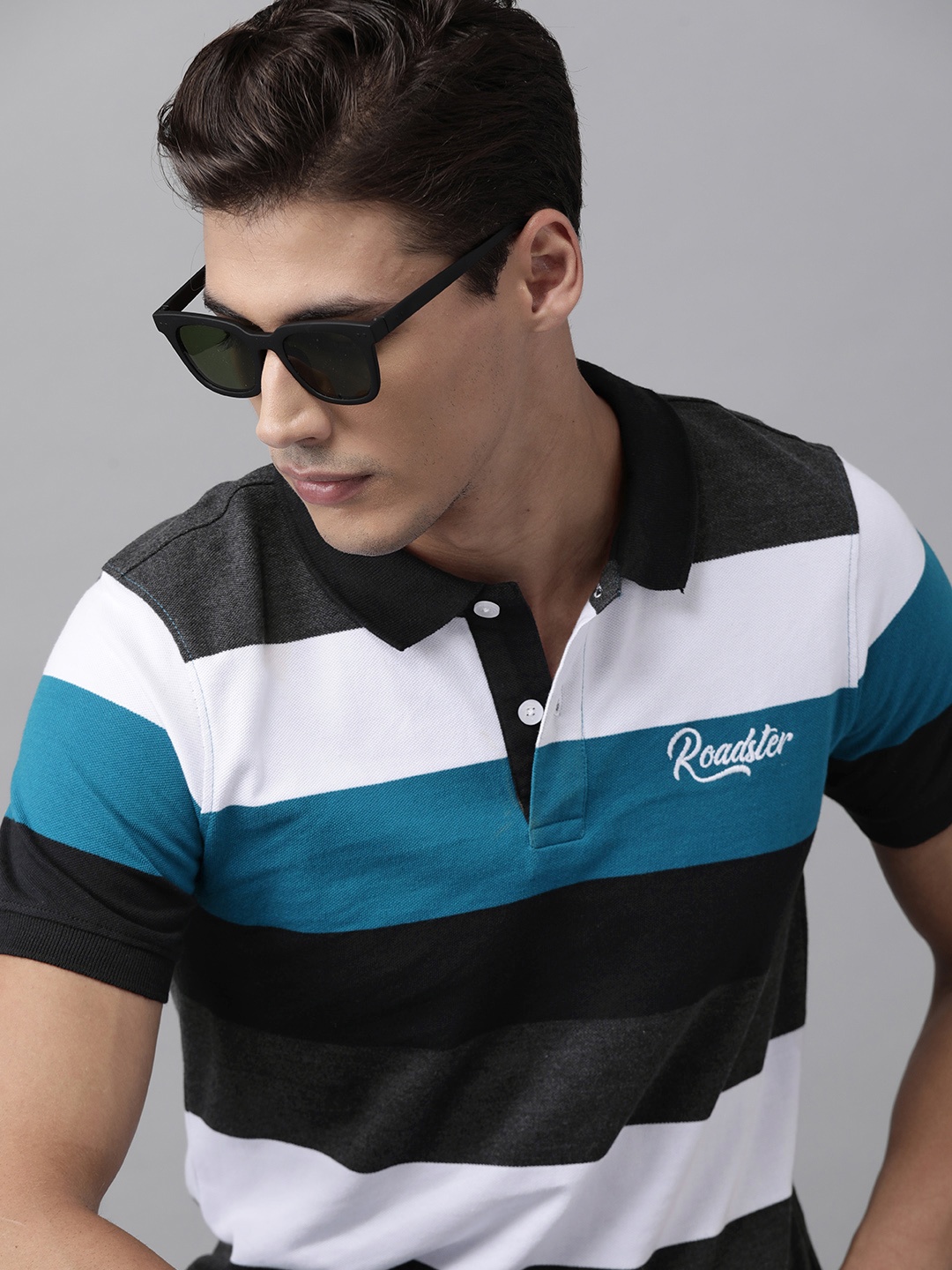

Roadster Men White & Blue Striped Polo Collar T-shirt