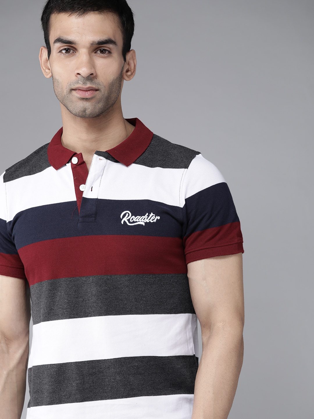 

Roadster Men White & Charcoal Grey Striped Polo Collar T-shirt
