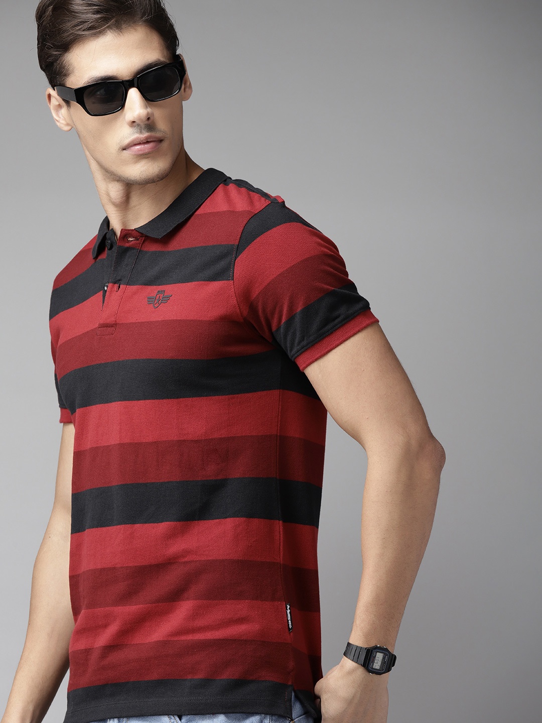 

Roadster Men Red & Black Striped Polo Collar Cotton T-shirt