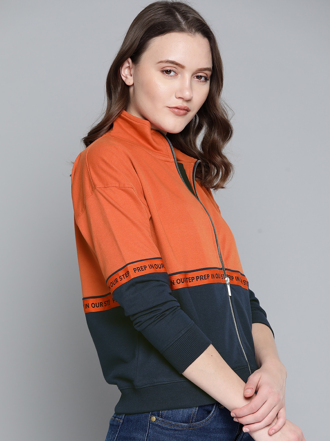 

Harvard Women Orange & Navy Blue Colourblocked Sweatshirt