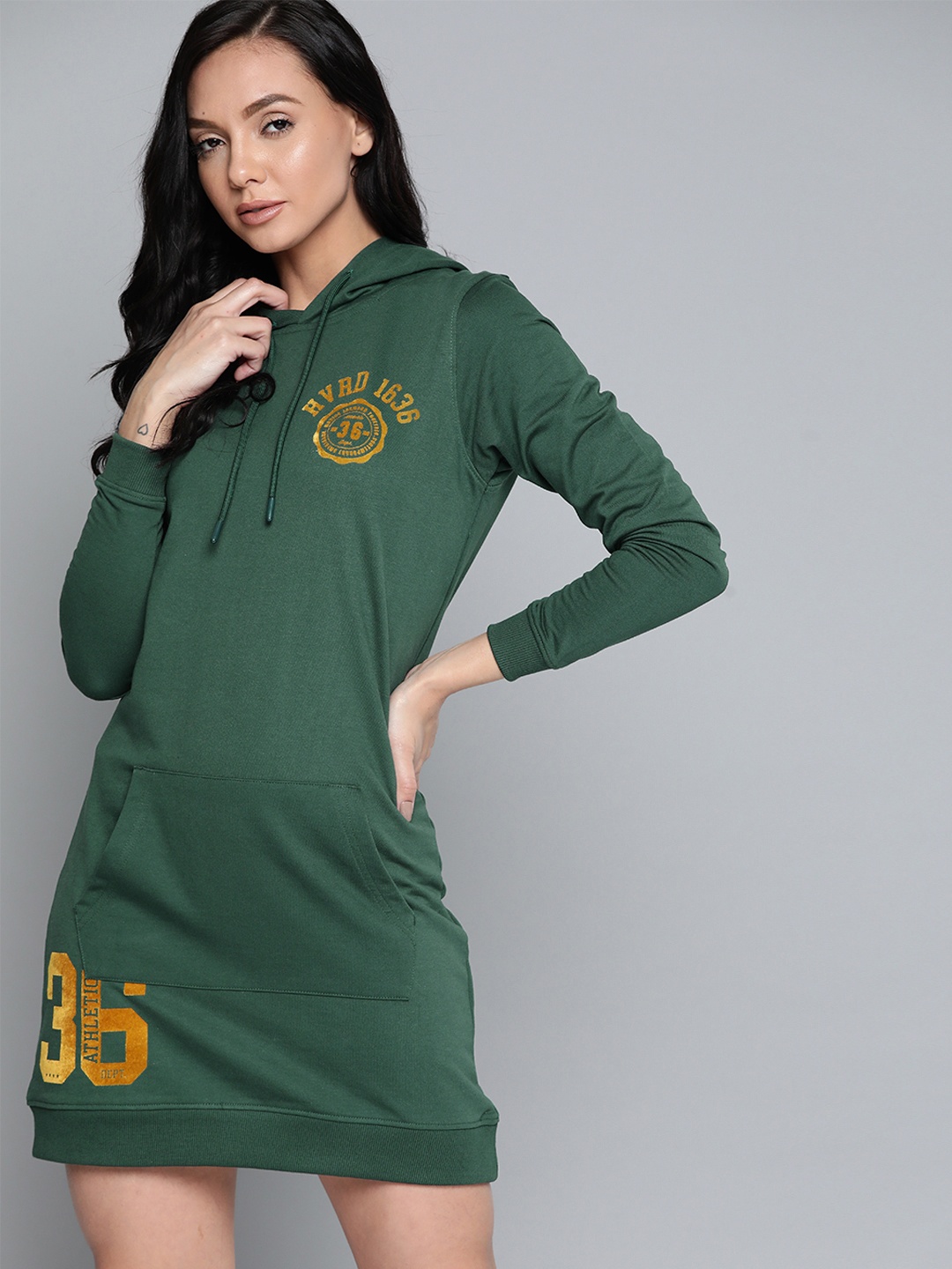 

Harvard Green Solid Hooded Sweatshirt Dress