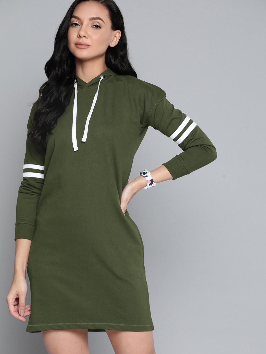 

Harvard Olive Green Solid Hooded Sweatshirt Dress