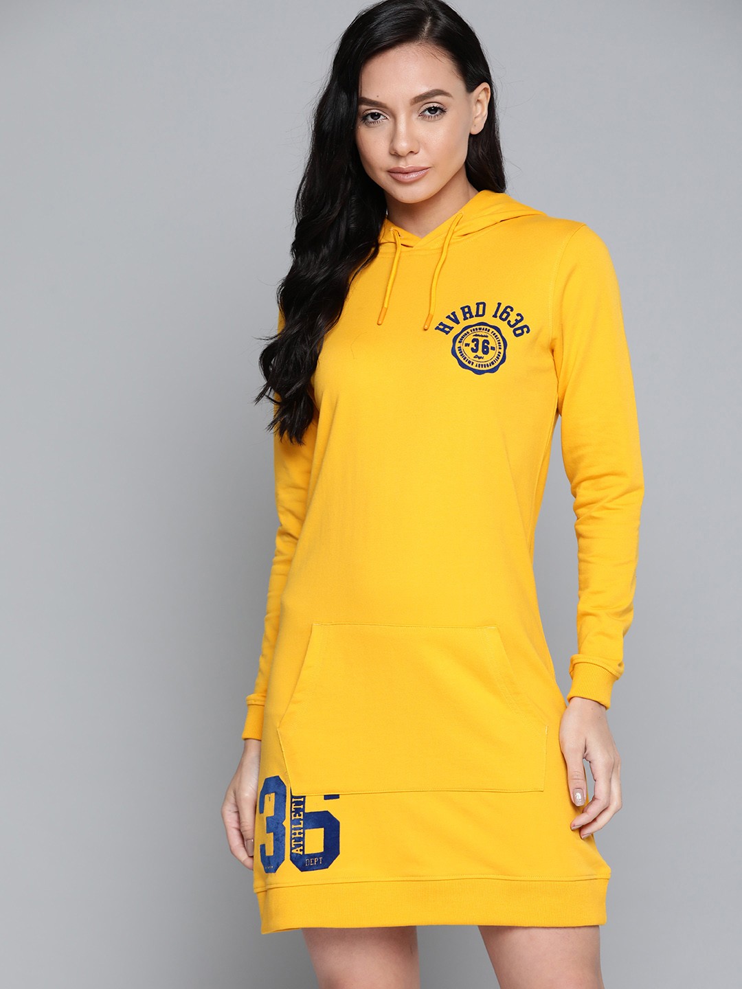 

Harvard Yellow Solid Hooded Sweatshirt Dress