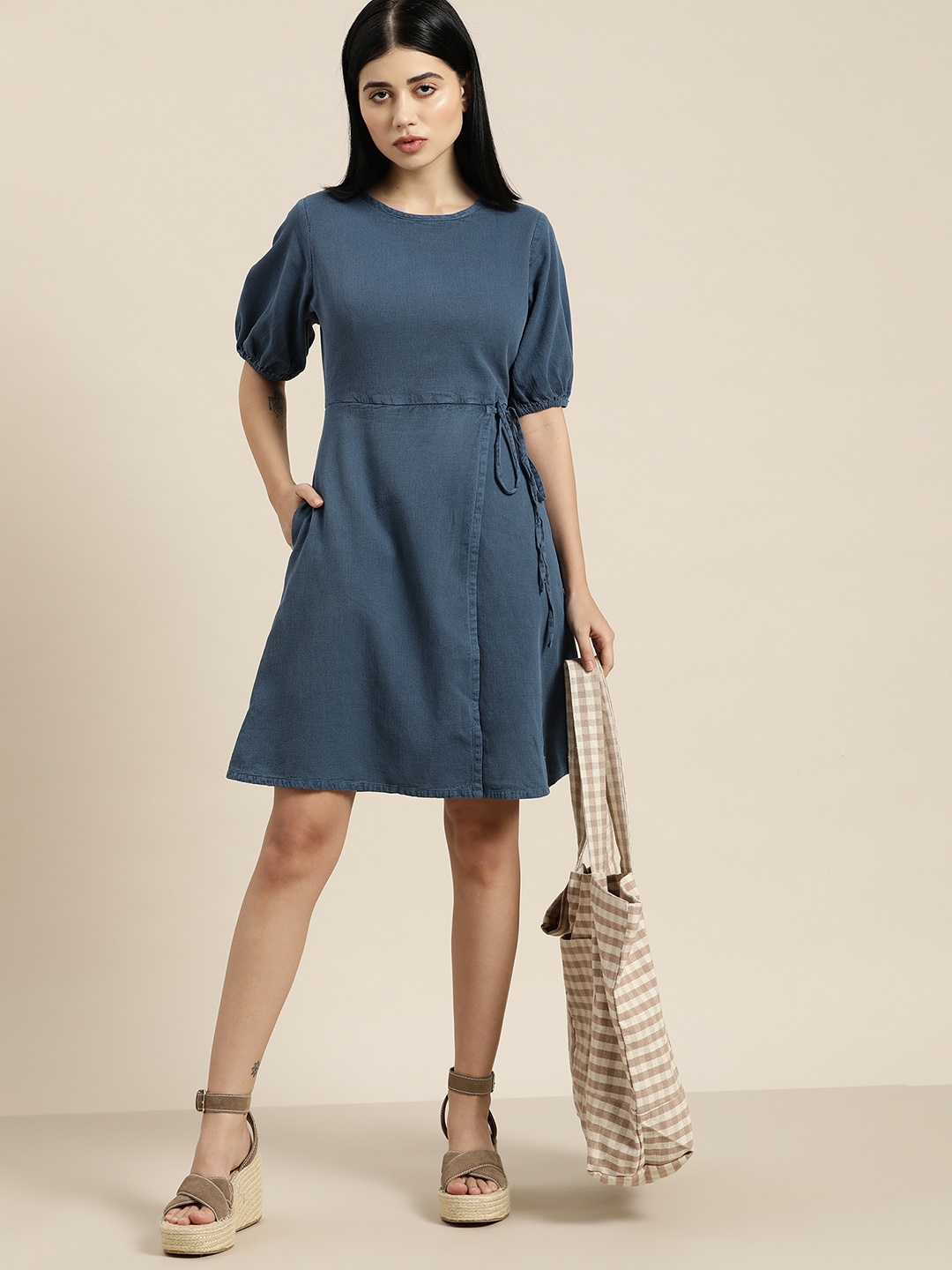 

ether Kora Collection Women Navy Blue Puff Sleeves Indigo Dye Pure Cotton A-Line Dress