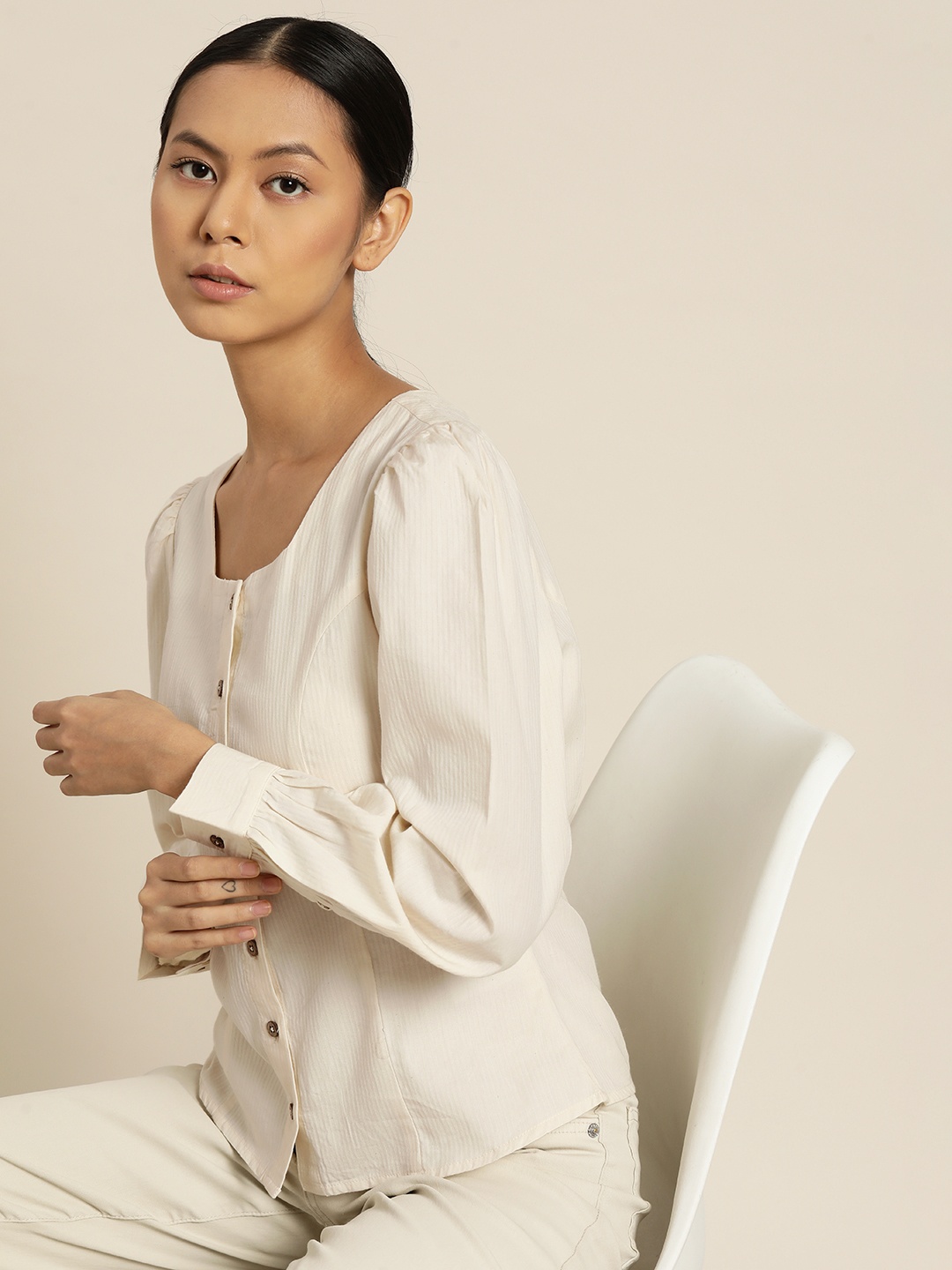

ether Cream-Coloured Pure Cotton Square Neck Top