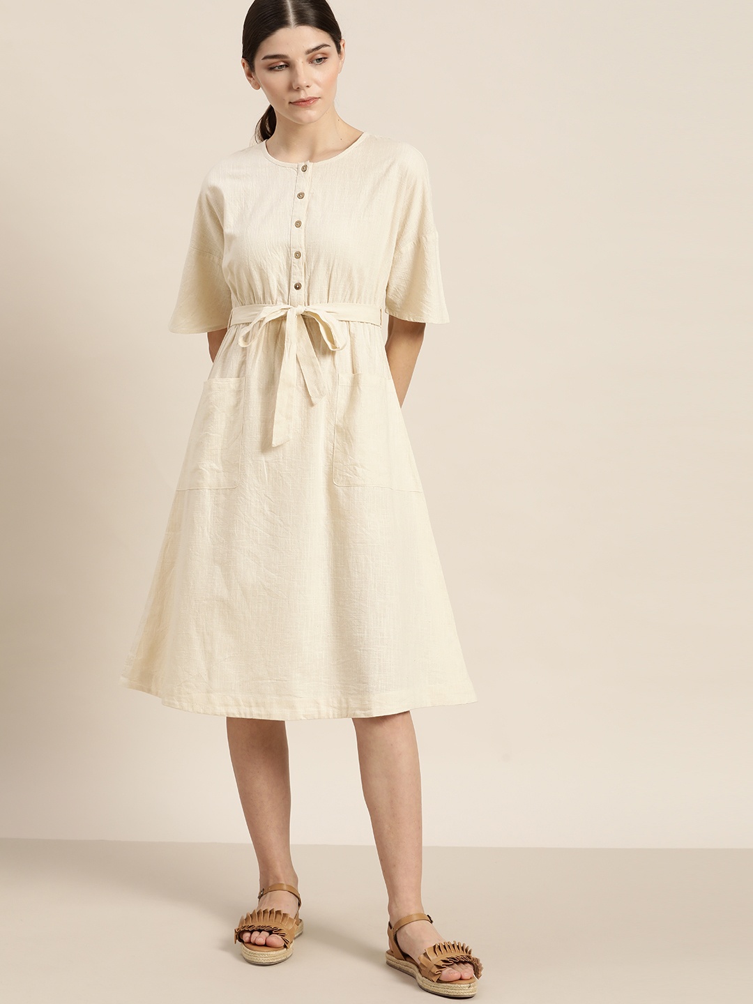 

ether Kora Collection Women Off White Sustainable Unbleached Fabric A-Line Midi Dress