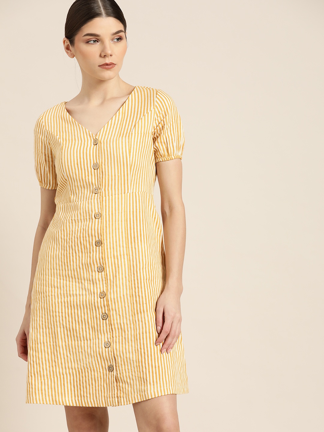 

ether Kora Collection Women Mustard Yellow Sustainable Unbleached Fabric Striped Dress