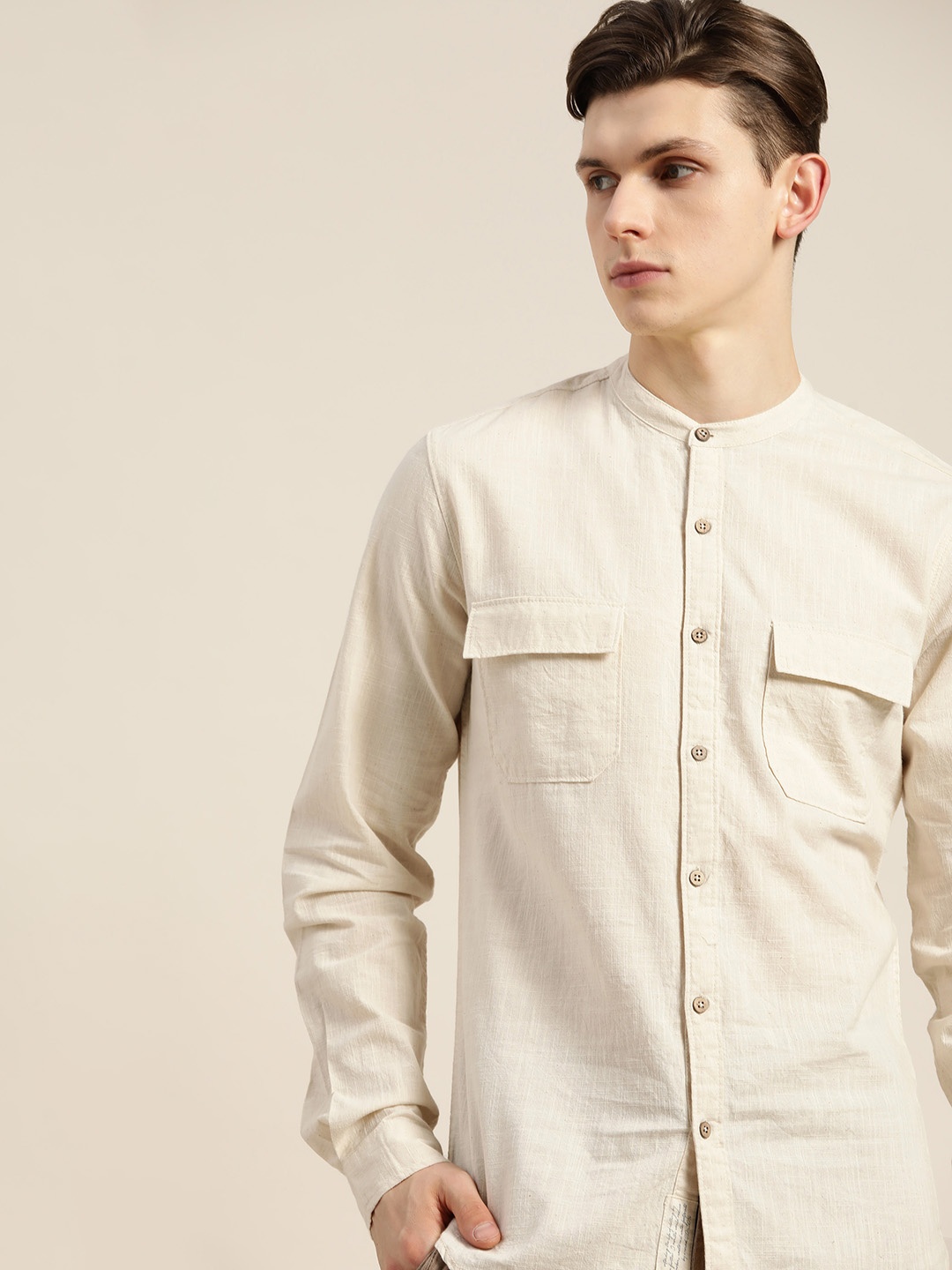 

ether Kora Collection Men Cream-Coloured Sustainable Unbleached Fabric Pure Cotton Shirt