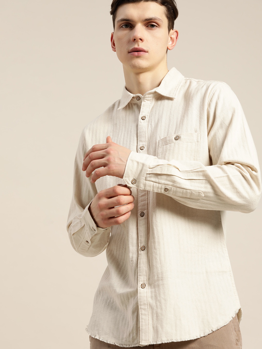 

ether Kora Collection Men Cream-Coloured Sustainable Unbleached Fabric Pure Cotton Shirt