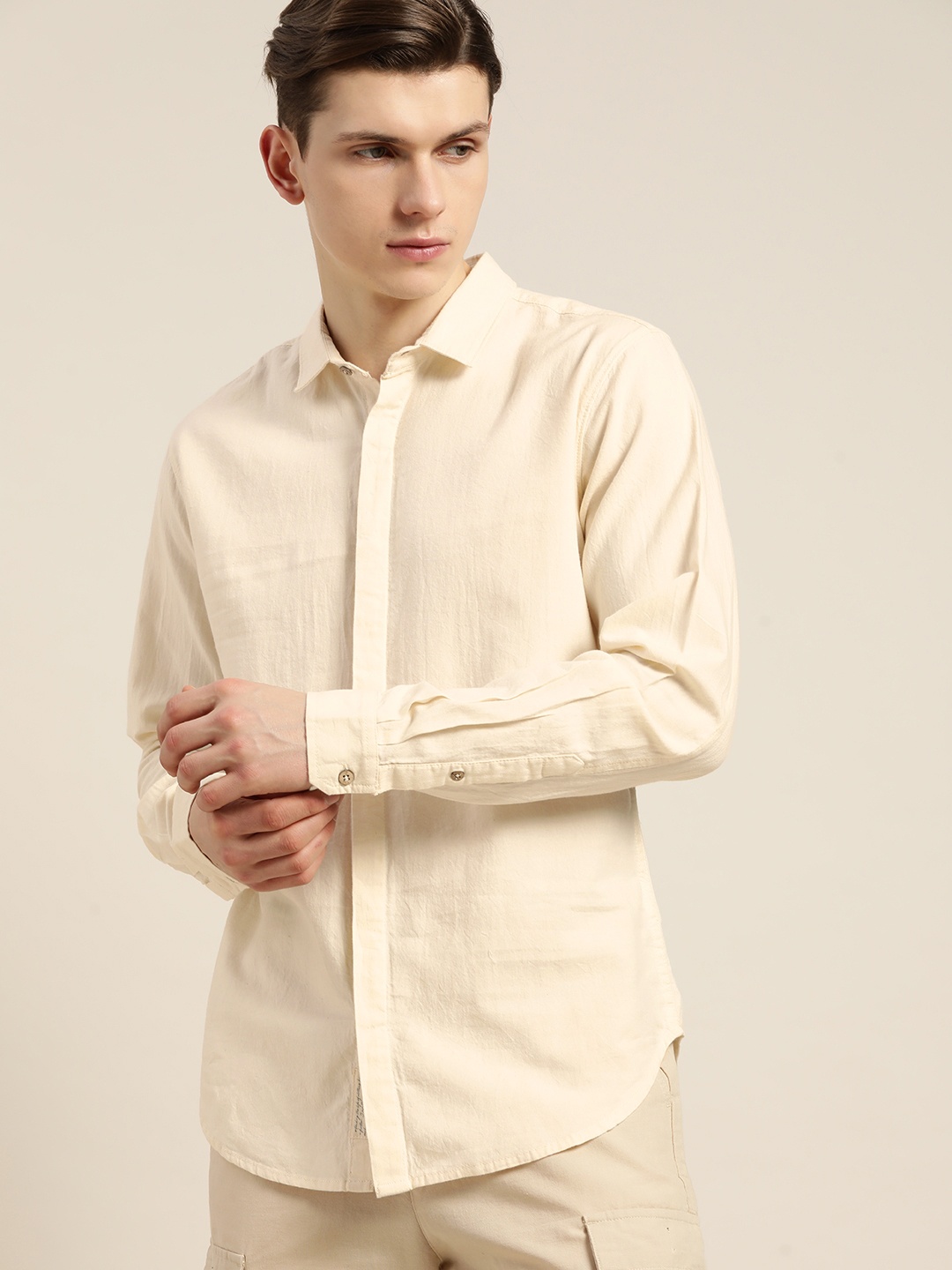

ether Kora Collection Men Cream-Coloured Unbleached Fabric Pure Cotton Shirt