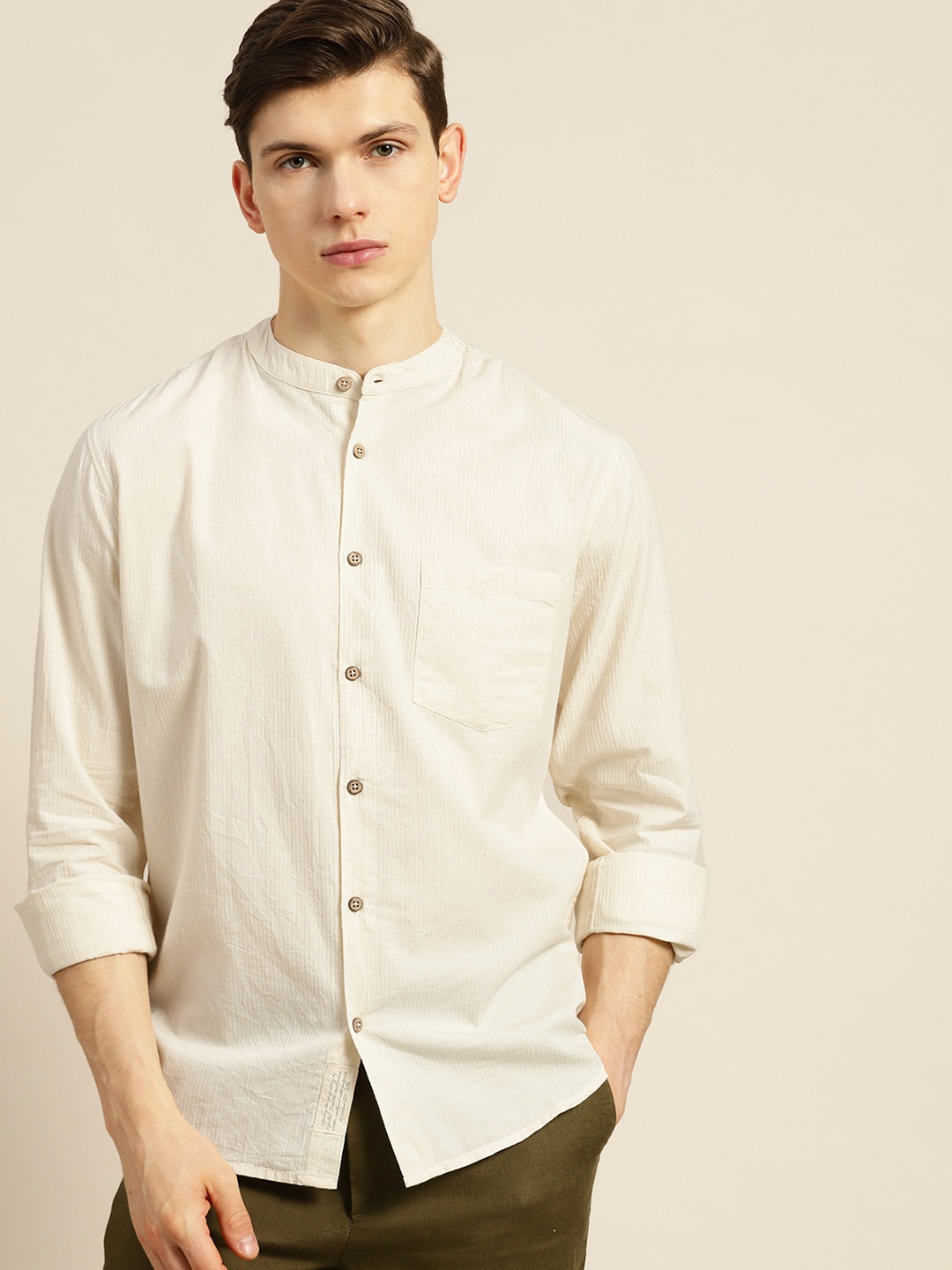 

ether Kora Collection Men Cream-Coloured Sustainable Unbleached Fabric Pure Cotton Shirt