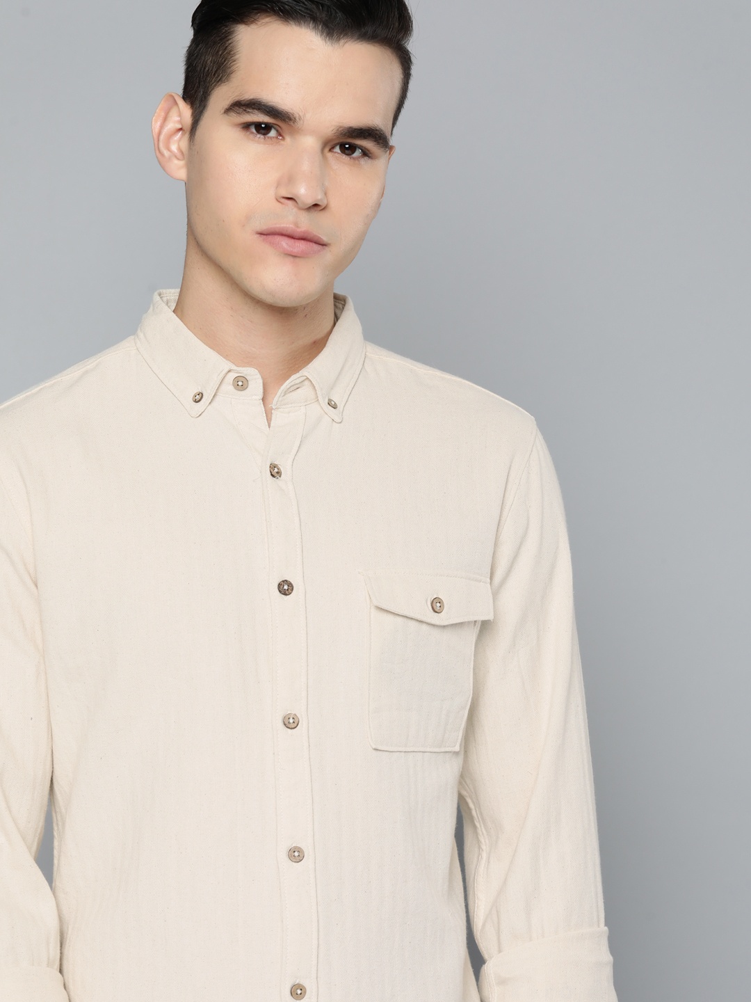 

ether Kora Collection Button Down Collar Pure Cotton Casual Shirt, Cream