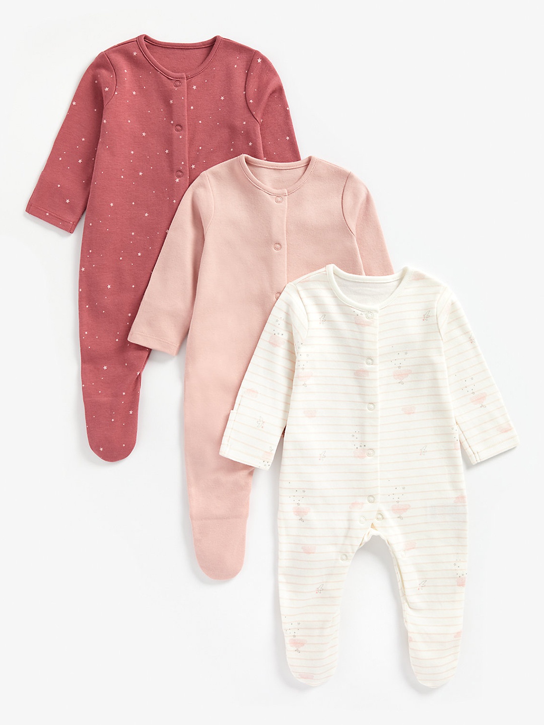 

mothercare Infant Girls Pack of 3 Organic Cotton Sleepsuits, Pink