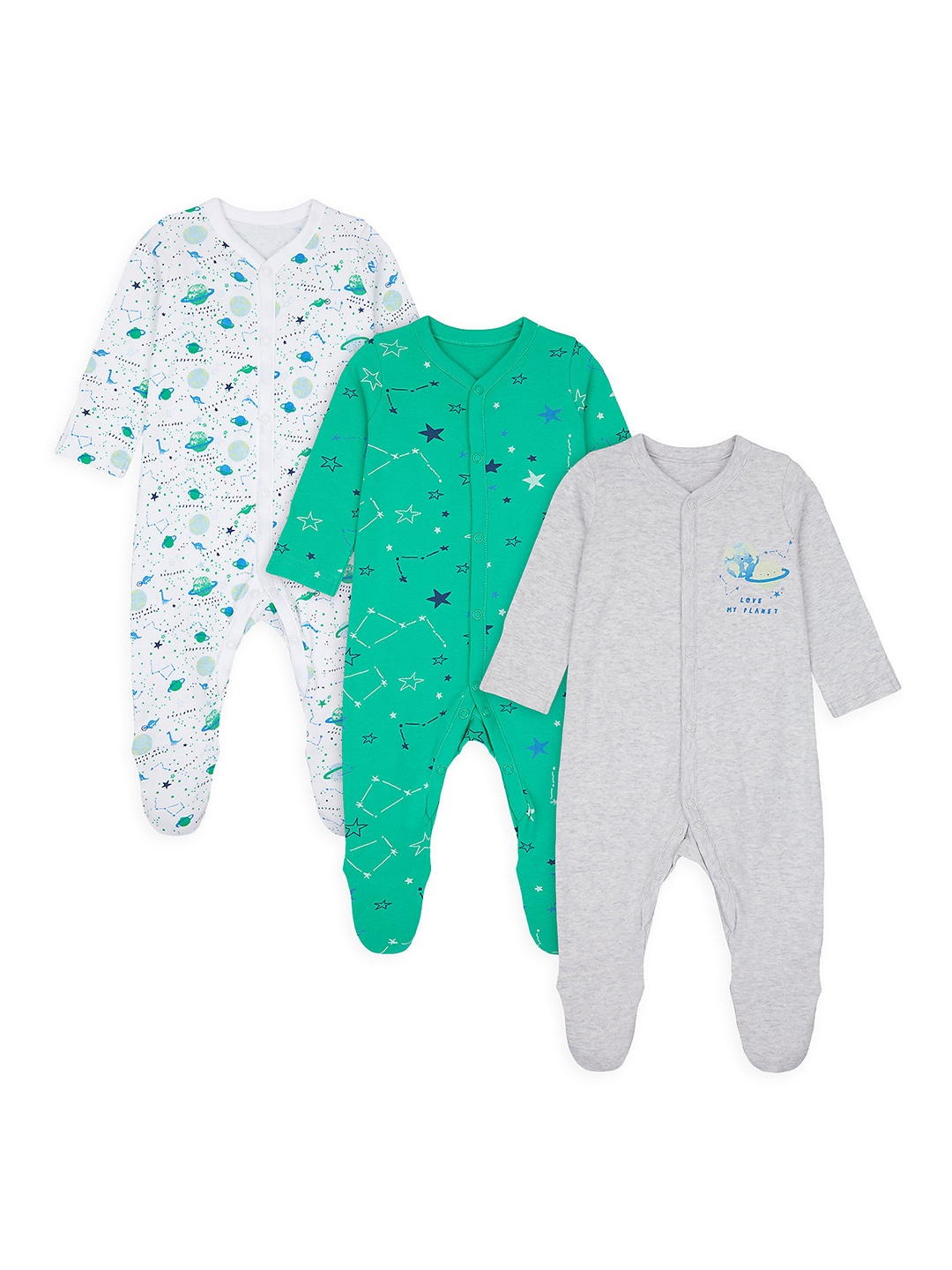 

mothercare Infant Kids Pack of 3 Printed Pure Cotton Sleepsuits, Grey