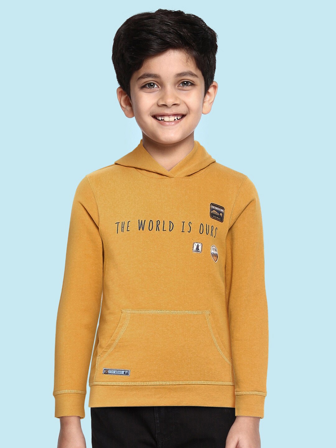 

mothercare Boys Mustard Yellow Cotton Printed Hooded Sweatshirt