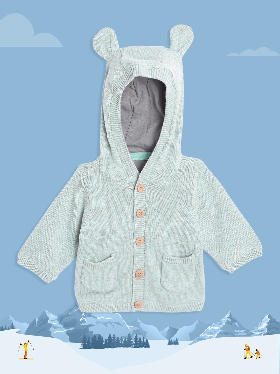 

mothercare Infant Boys Green Solid Hooded Pure Cotton Cardigan