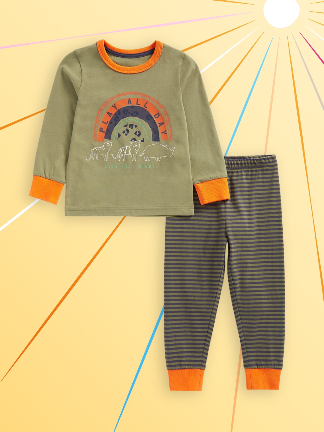 

mothercare Boys Pure Cotton Olive Green & Navy Blue Printed Night suit 410258873005