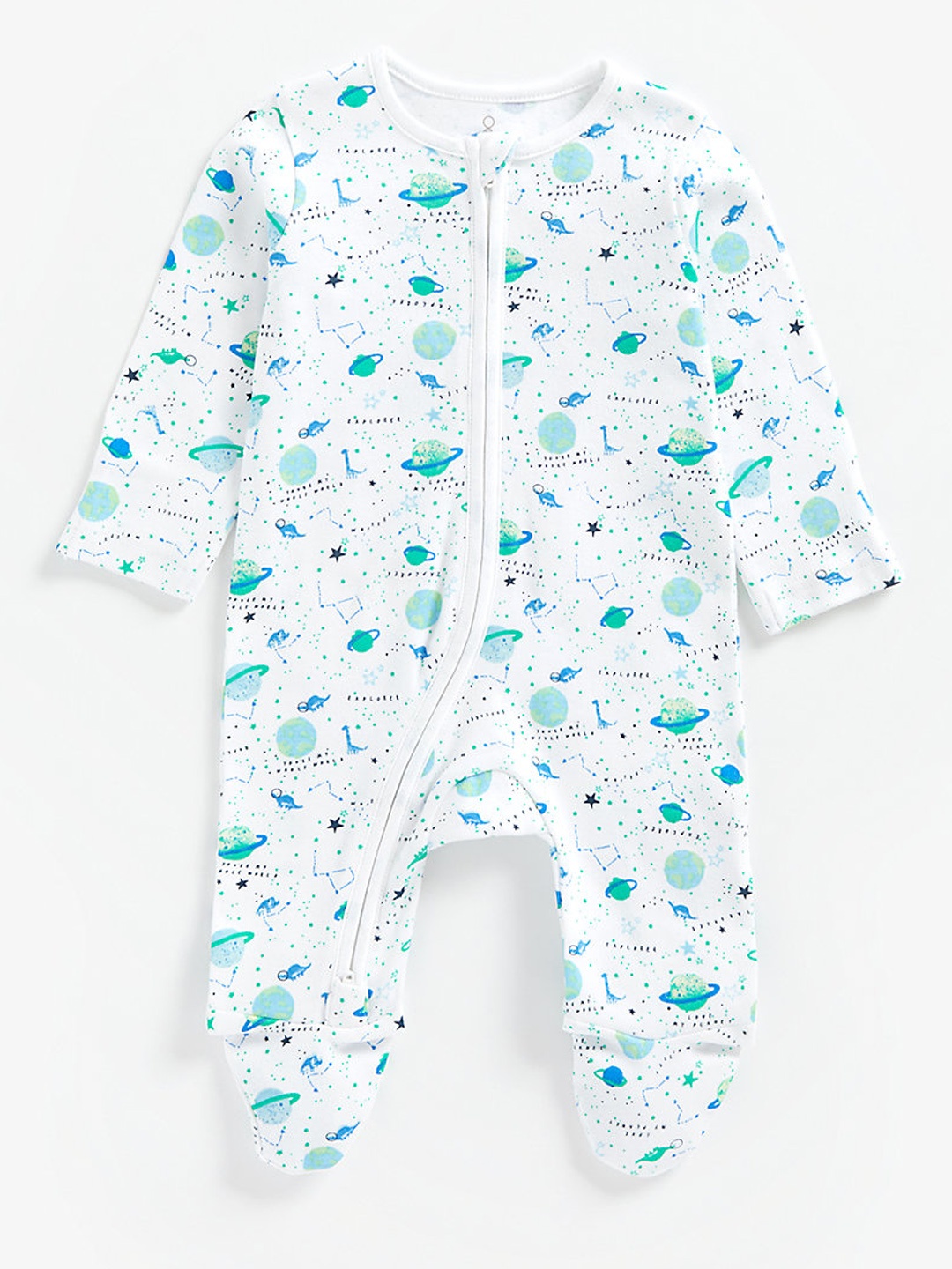 

mothercare Infant Kids White & Blue Pure Cotton Printed Sleepsuit