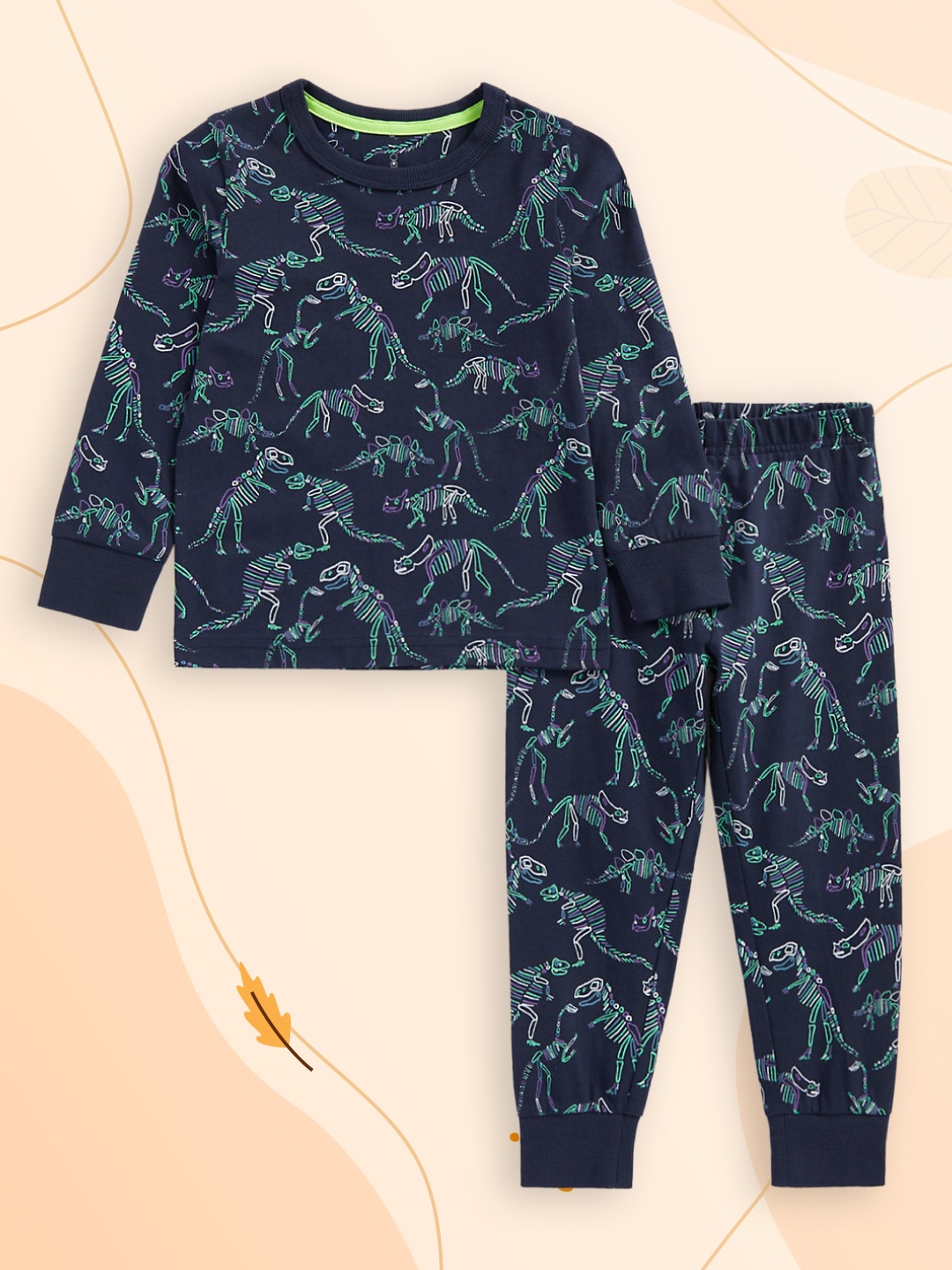 

mothercare Infant Boys Navy Blue & Green Dinosaur Printed Pure Cotton Night suit