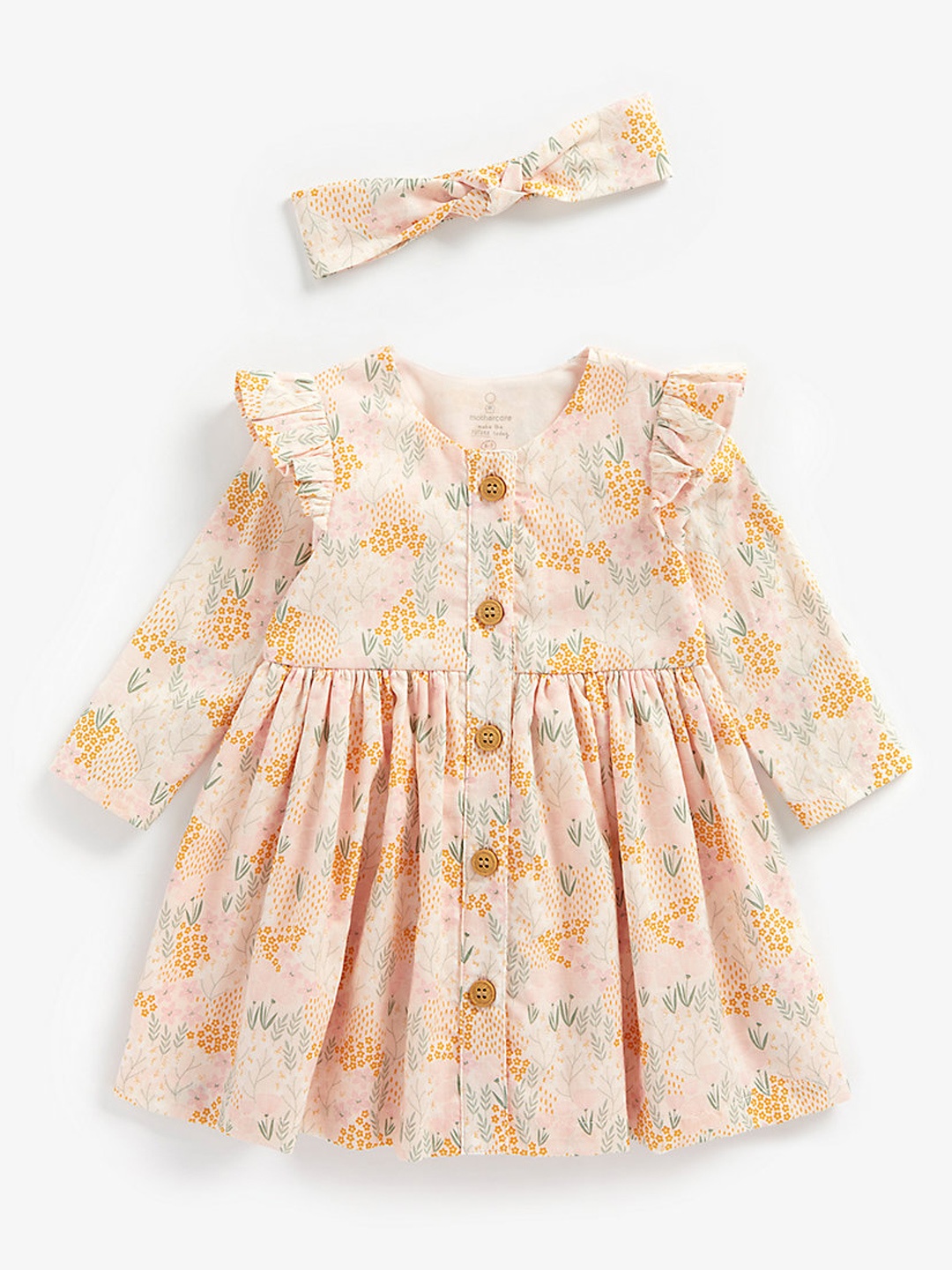 

mothercare Girls Pink Floral Printed Pure Cotton Fit & Flare Dress