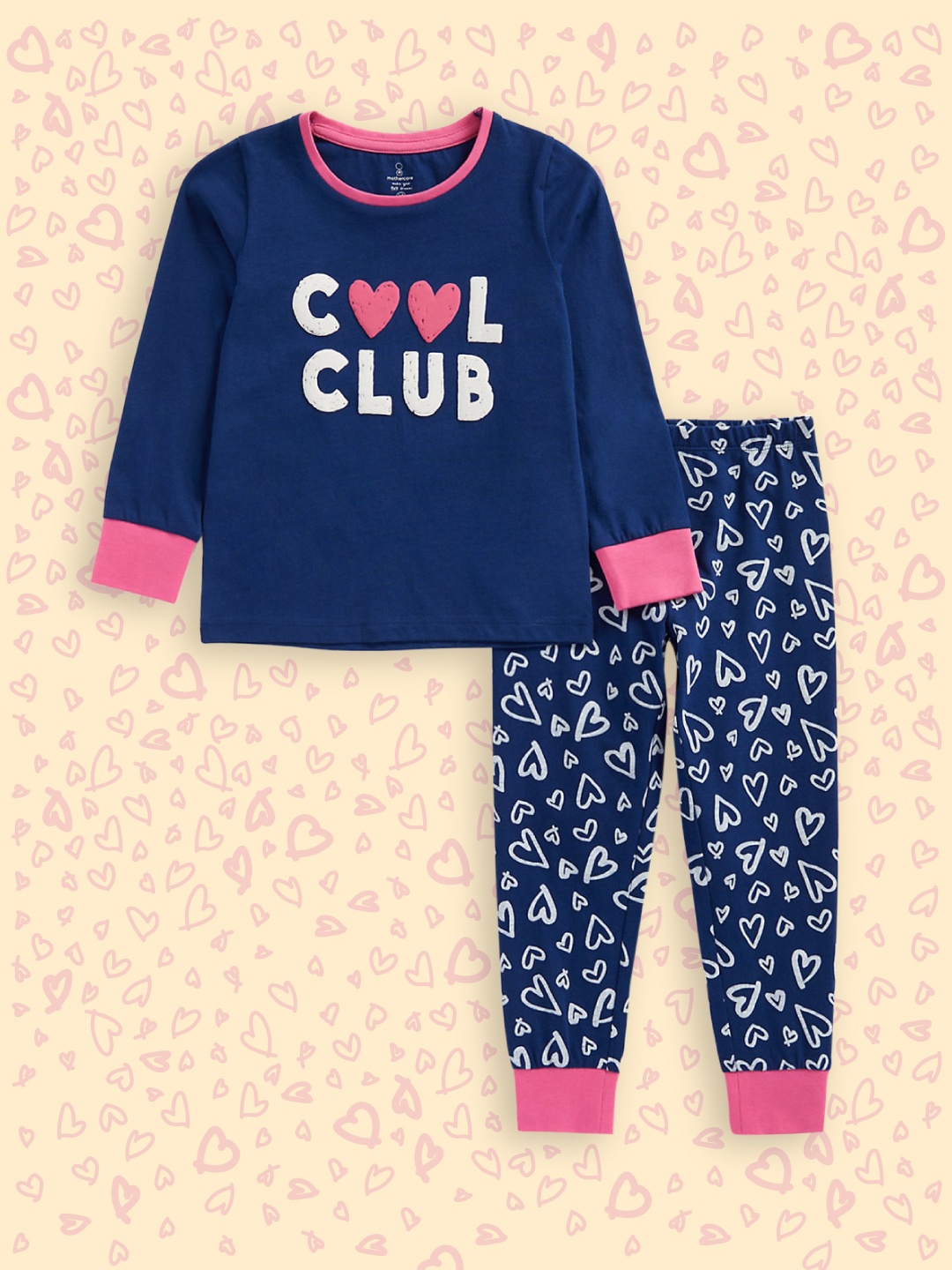 

mothercare Infant Girls Navy Blue & Pink Printed Pure Cotton Night suit