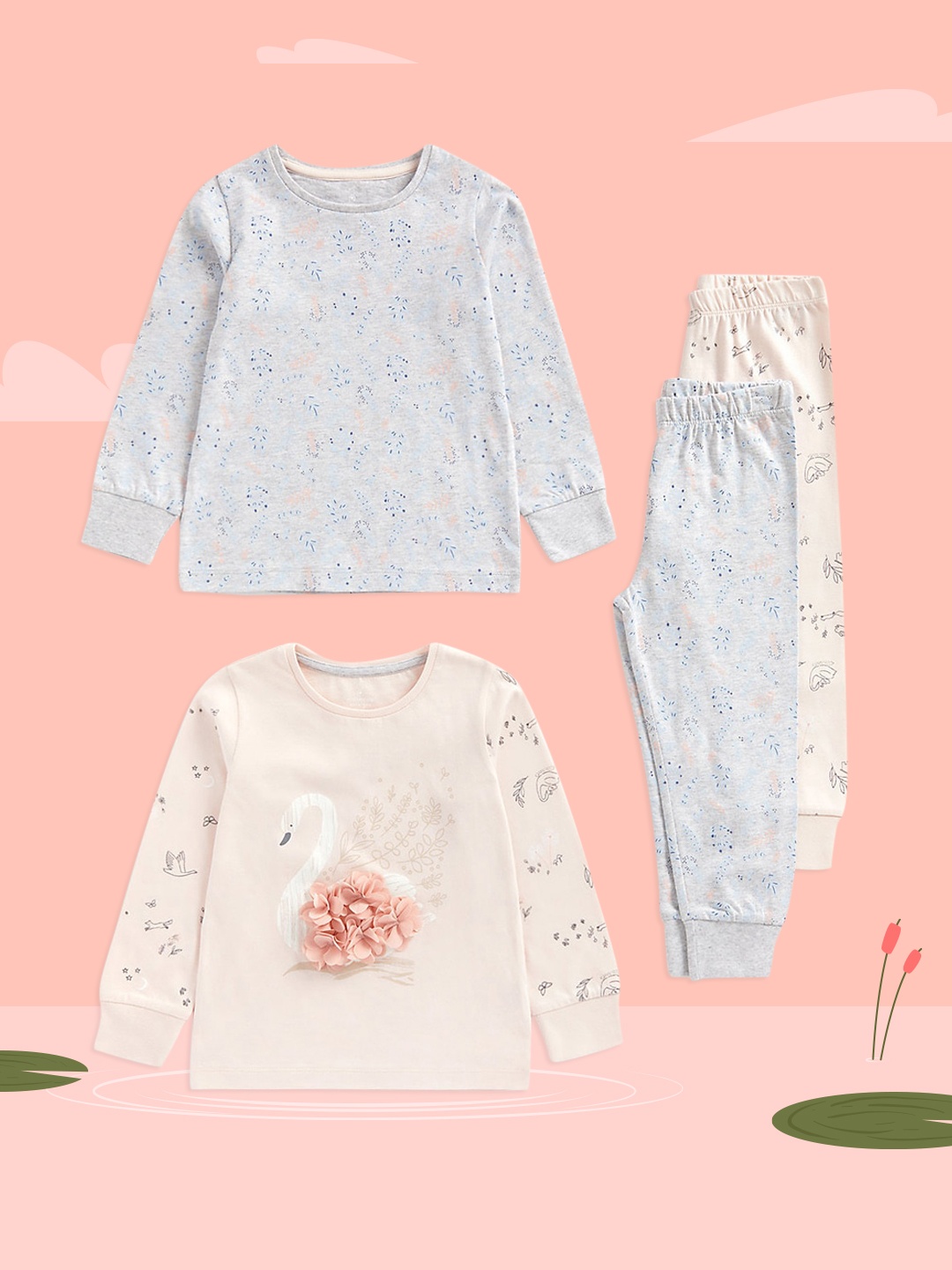 

mothercare Girls Set of 2 Printed Night Suits, Grey melange