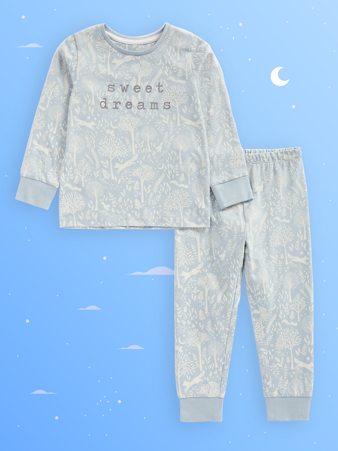 

mothercare Infant Girls Blue & White Printed Pure Cotton Night suit