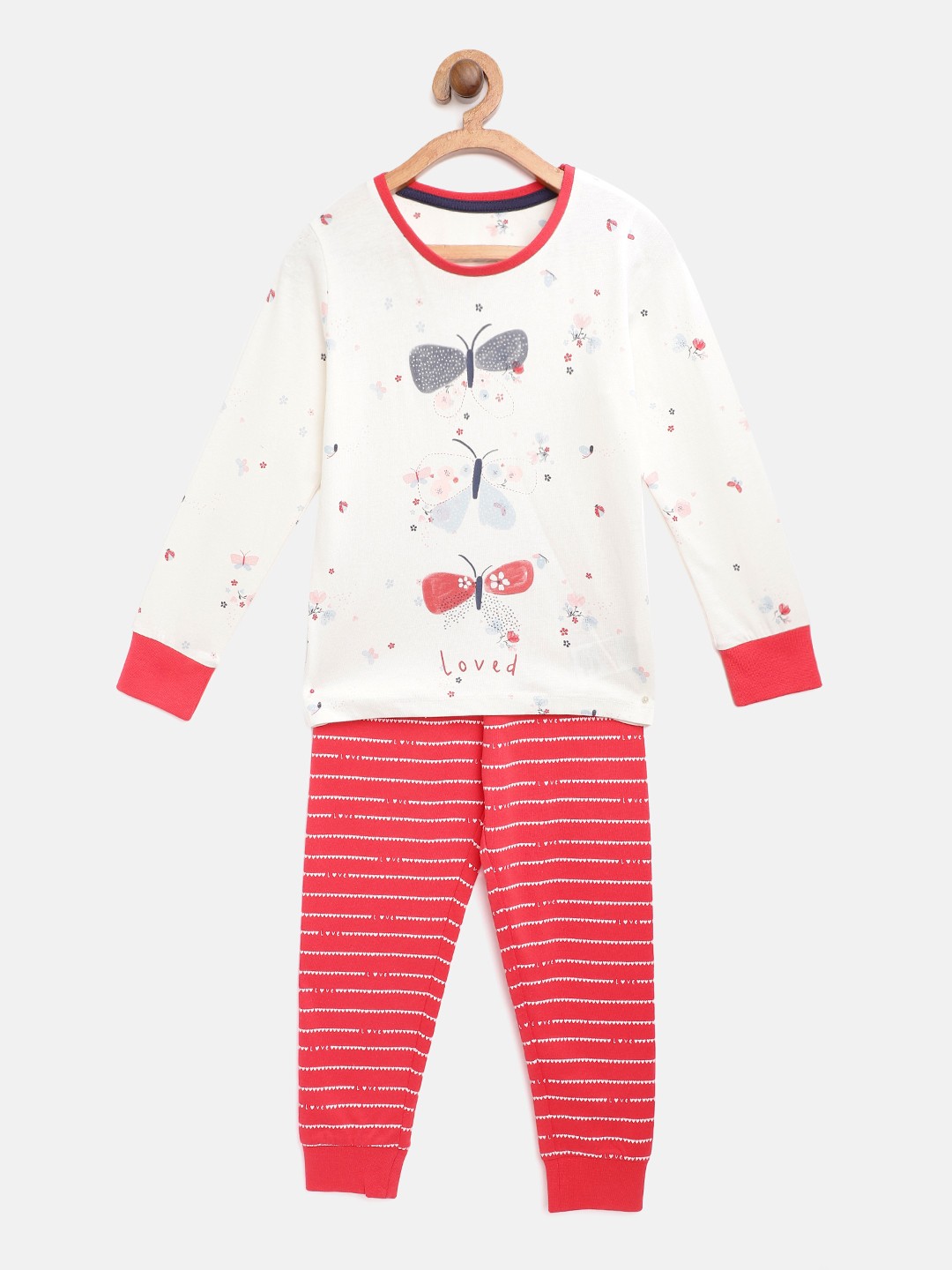 

mothercare Girls Off White & Red Pure Cotton Printed Pyjamas Set