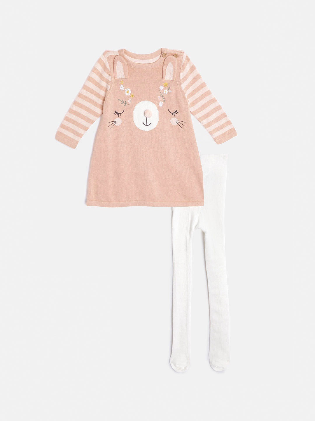 

mothercare Girls Peach-Coloured & White Embroidered & Striped A-Line Dress with Stockings