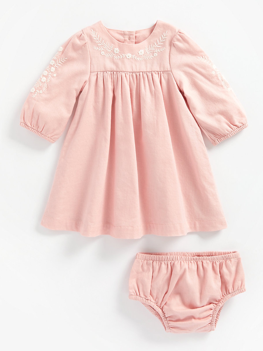 

mothercare Infant Girls Pink & White Solid Pure Cotton Embroidered Flared Dress