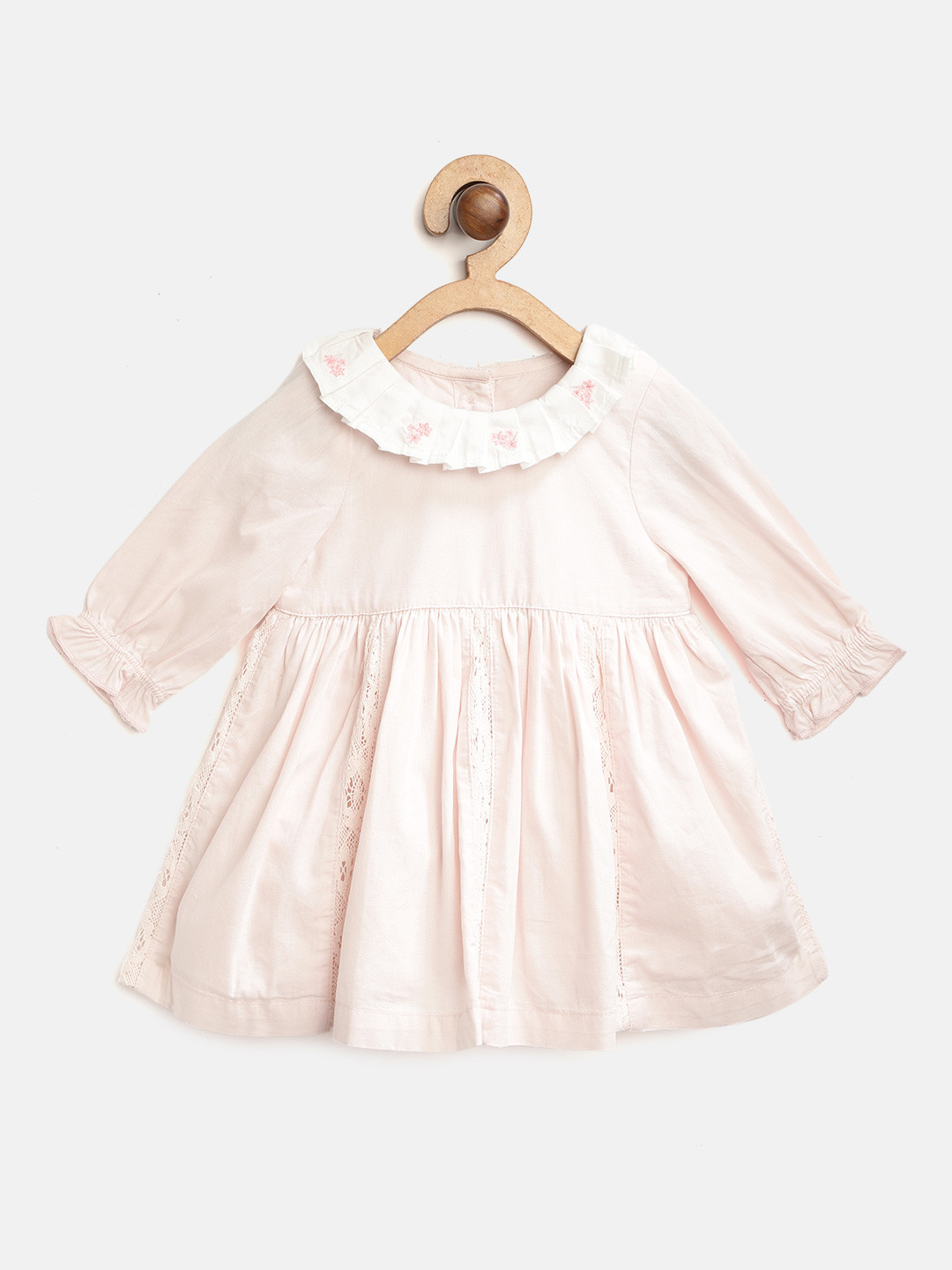 

mothercare Infant Girls Peach-Coloured & White Solid Crochet Detail A-Line Dress & Briefs