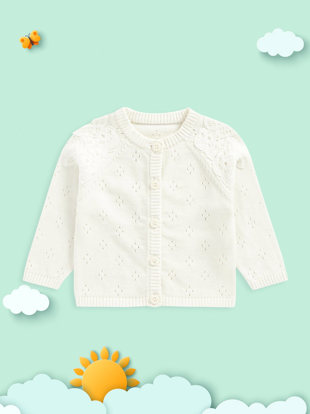 

mothercare Girls Off-White Combed Pure Cotton Self Design Floral Cardigan
