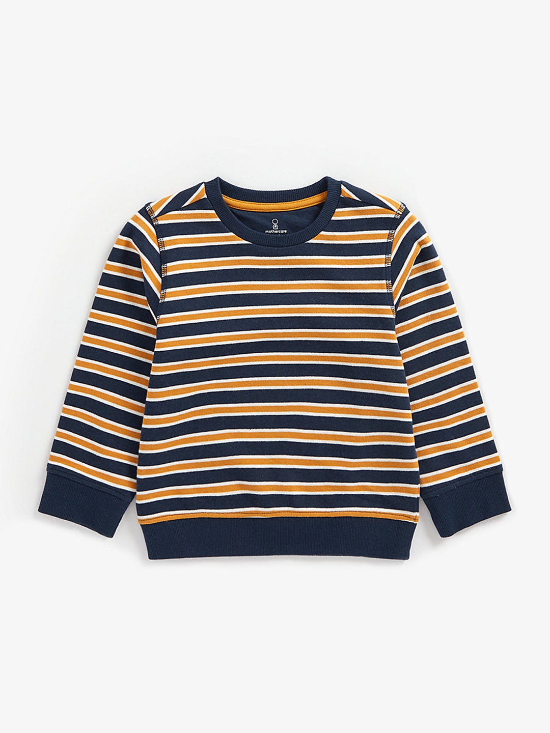 

mothercare Boys Navy Blue & Mustard Yellow Cotton Striped Sweatshirt