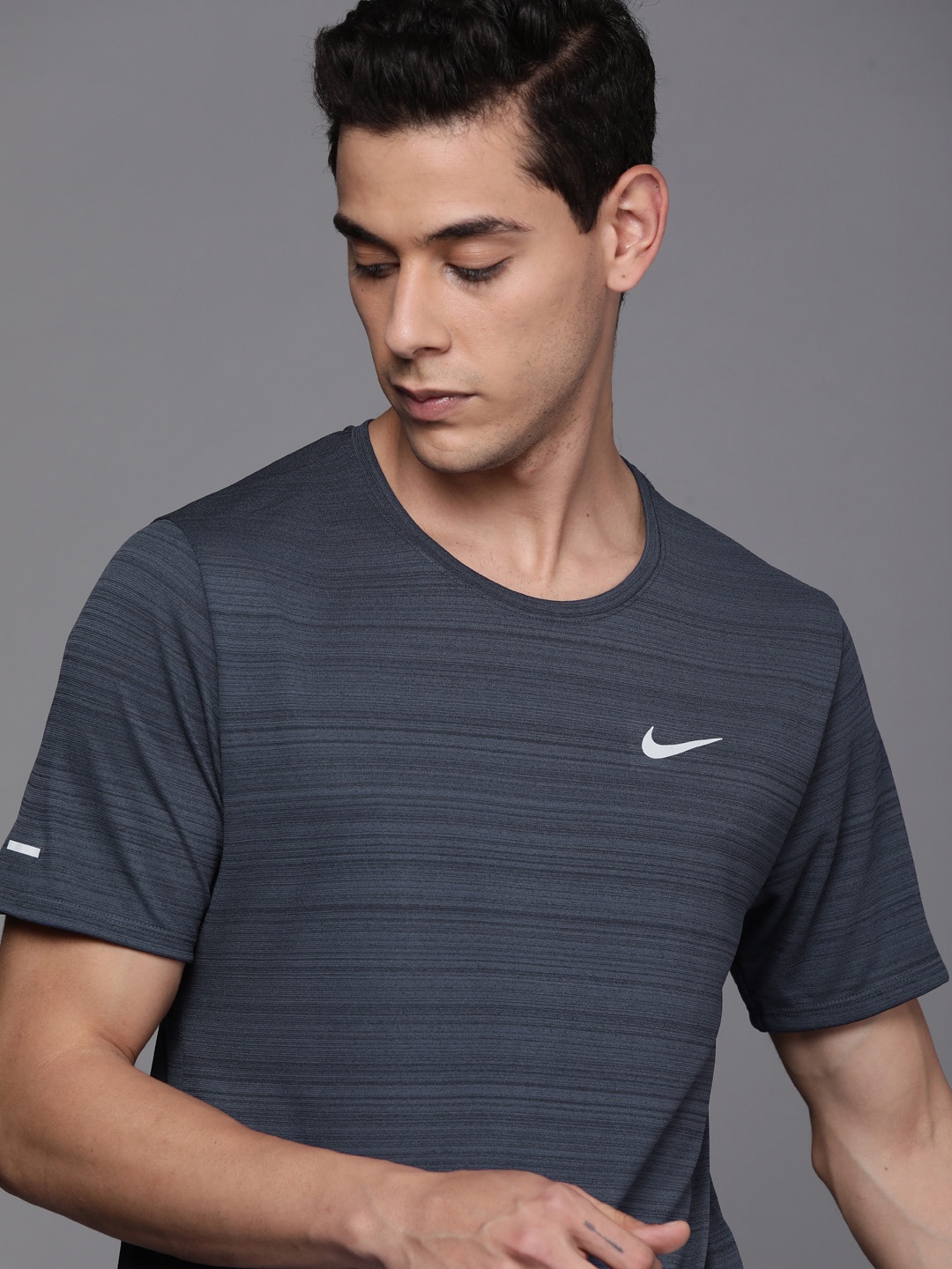 

Nike Men Blue Striped Dri-FIT MILER Running T-shirt