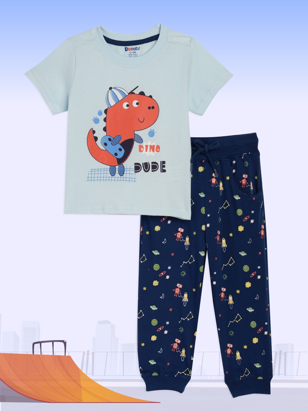 

Donuts Boys Sea Blue & Navy Blue Printed T-shirt with Trousers