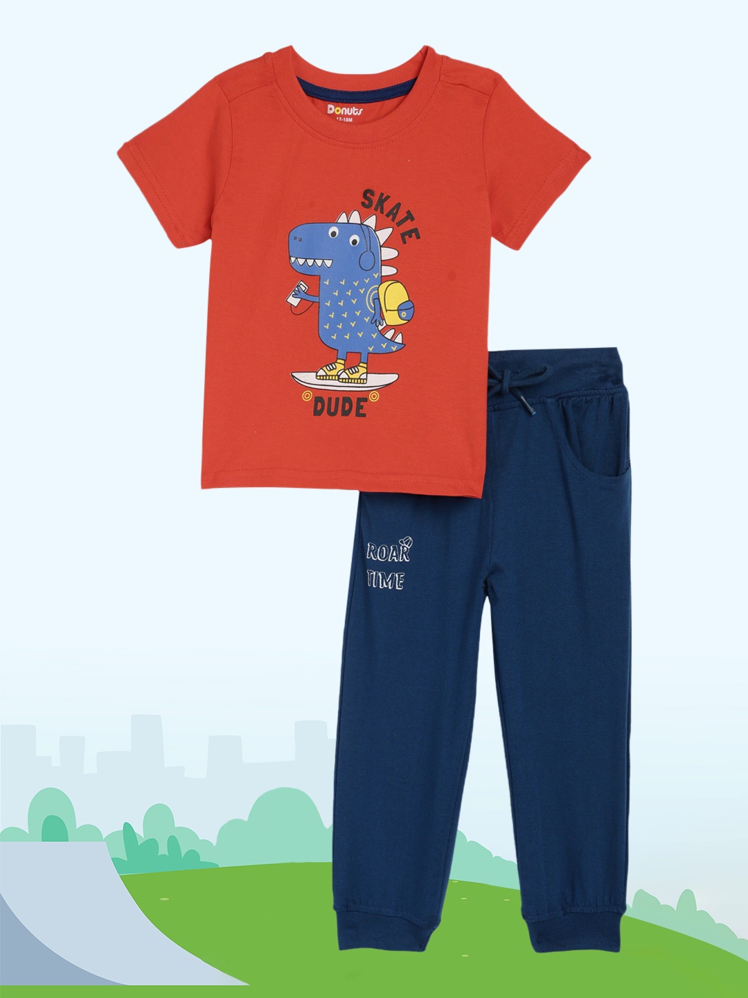 

Donuts Boys Red & Navy Blue Printed T-shirt with Trousers
